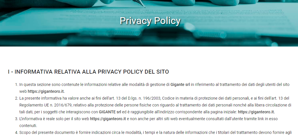 Informazioni relative al trattamento dei dati degli utenti del sito web https://giganteoro.it